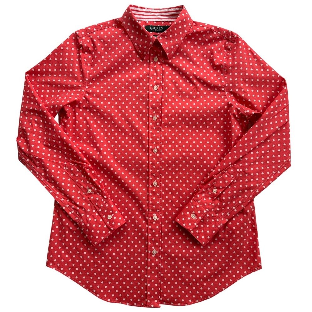 Lauren Ralph Lauren Shirt Womens Medium Red Polka Dot Stretch Non Iron Excellent